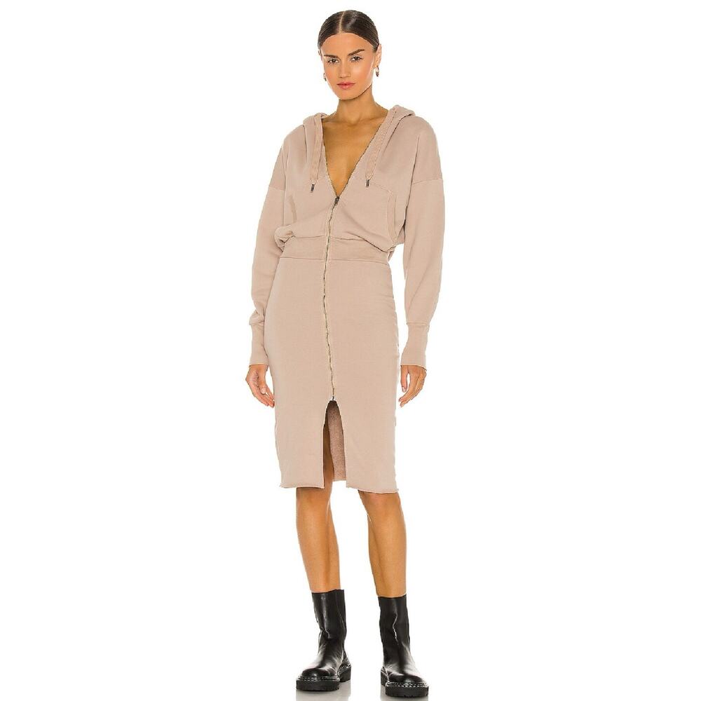 NSF Luq Hooded Cotton Sweatshirt Zip Front Dress French Terry Tan XS $295